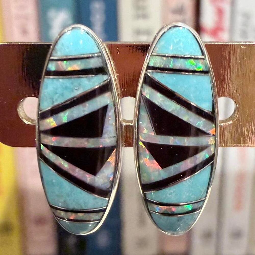 Sterling Silver Turquoise, Opal, and Black Onyx Inlay Oval Earrings